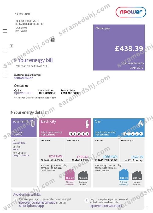 United Kingdom Npower utility bill template, fully editable in PSD format